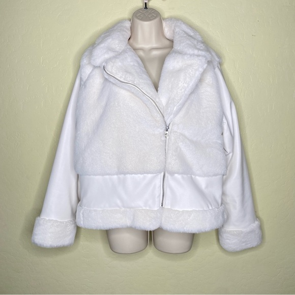Nine West Cream Faux Fur Moto Jacket Coat Size Large L - Picture 3 of 16